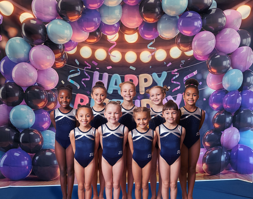 Birthday party group with backdrop